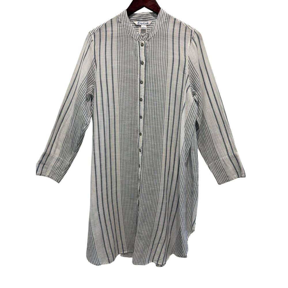April Cornell Cotton Gauze Blue White Stripe Button Front Tunic Shirt Dress L